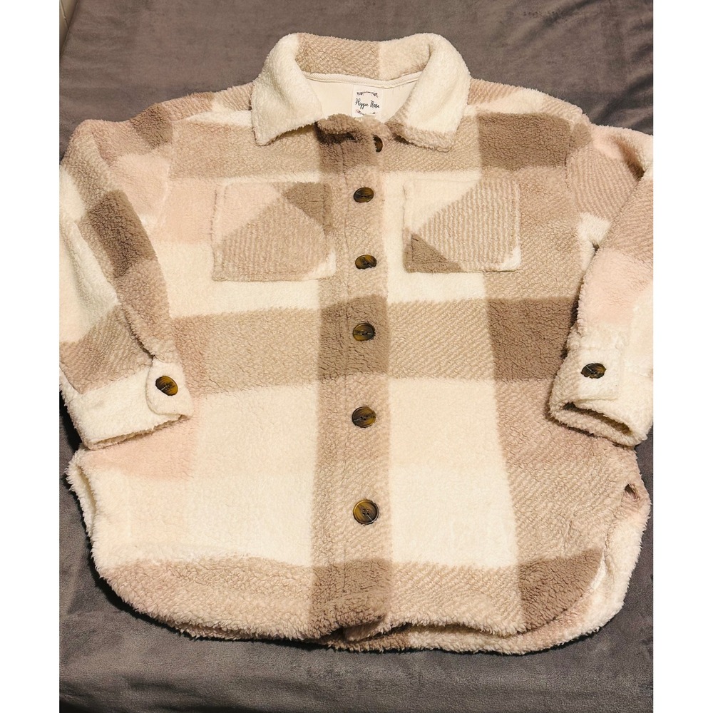 Hippie Rose Women Plaid Sherpa Shacket Faux Fur Button Down Tan Cream Small